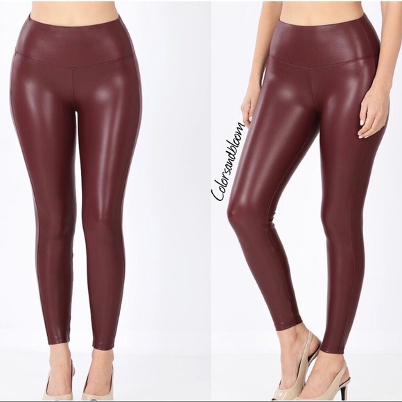 Faux  Leather Leggings- DARK BURGUNDY - Picture 3 of 4